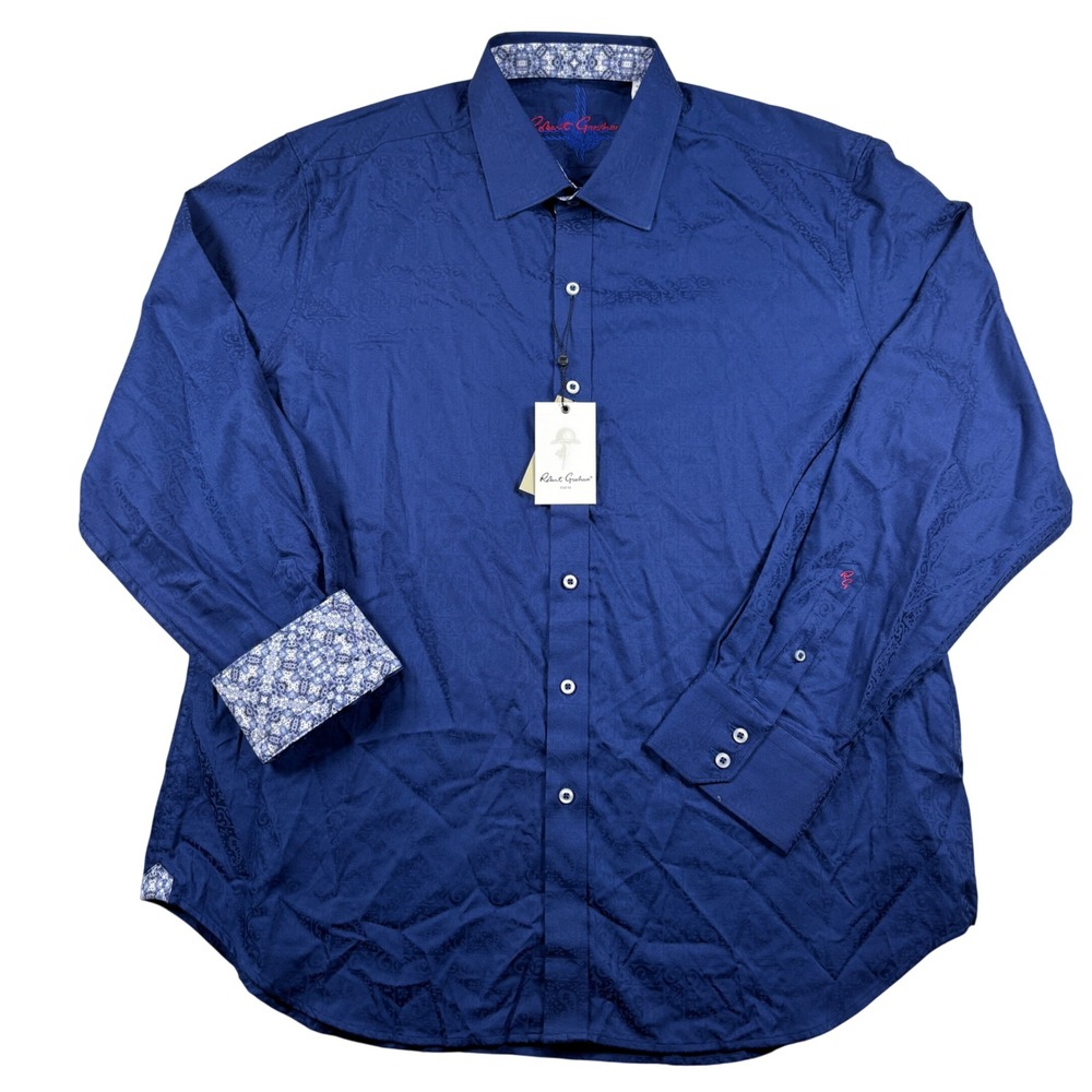 NEW Robert Graham Windsor Button Down Men 2XL Navy Paisley Jacquard